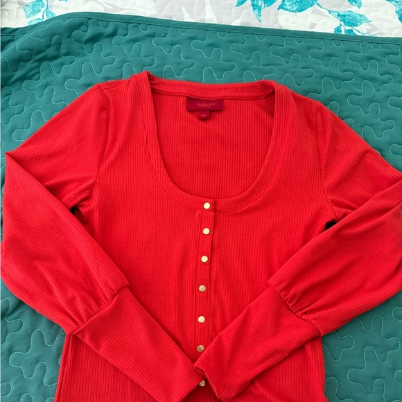 Jennifer Lopez Vibrant Red Button-Down Shirt ( orangey red) - Picture 2 of 5